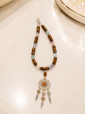 Cell Phone Charm Case Strap with Pastel Beads and Wood DREAM CATCHER